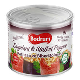 Bodrum - Eggplant & Stuffed Pepper 400g is a ready-to-serve, halal dish featuring quality ingredients, with enticing images of stuffed eggplant, pepper, and rice on the Bodrum packaging.